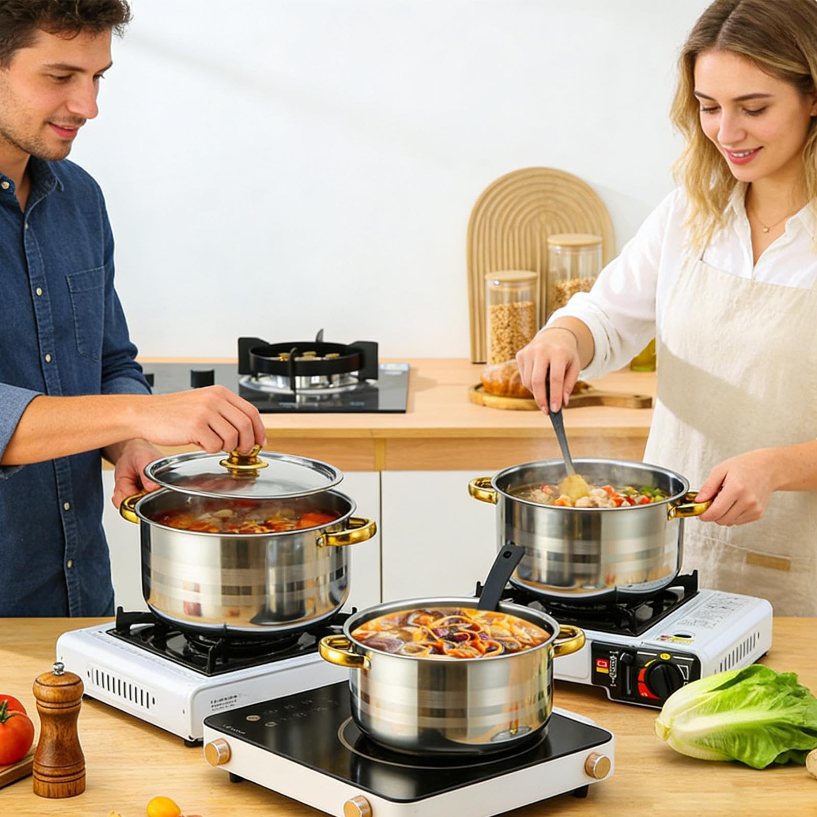 Kochgeschirr Set Edelstahl Kochutensilien für die Küche | Induktionsfähiges Antihaft-Bratgeschirr Set Für Suppe Pasta und Eintopf sowie für Camping Haushalt Studentenwohnheim und