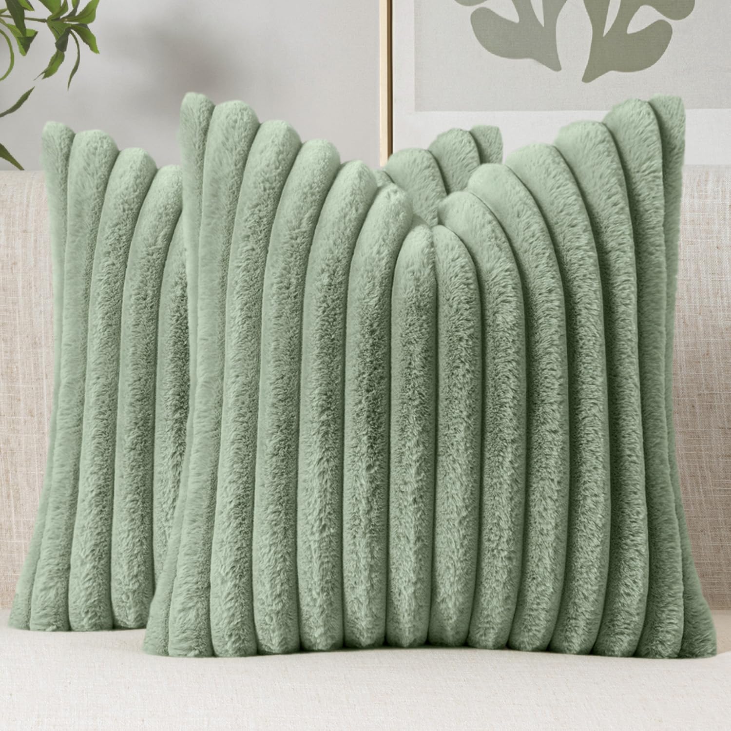 Sage Green Plush Faux Fur Pillow Covers 18x18