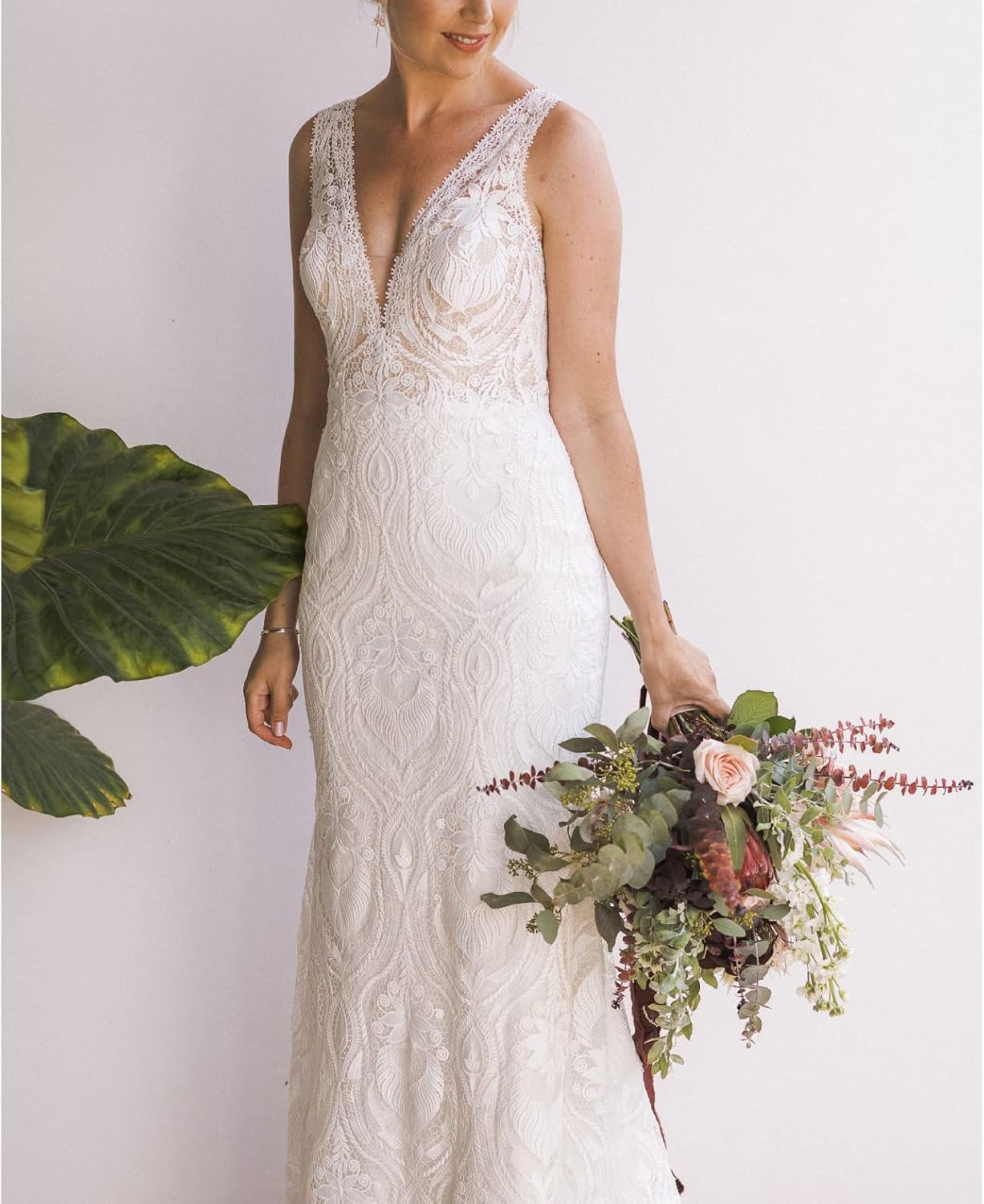 Women's Lace Boho Wedding Dresses for Bride Plus Size Long Beach Mermaid Bridal Dress Bohemian Wedding Gowns