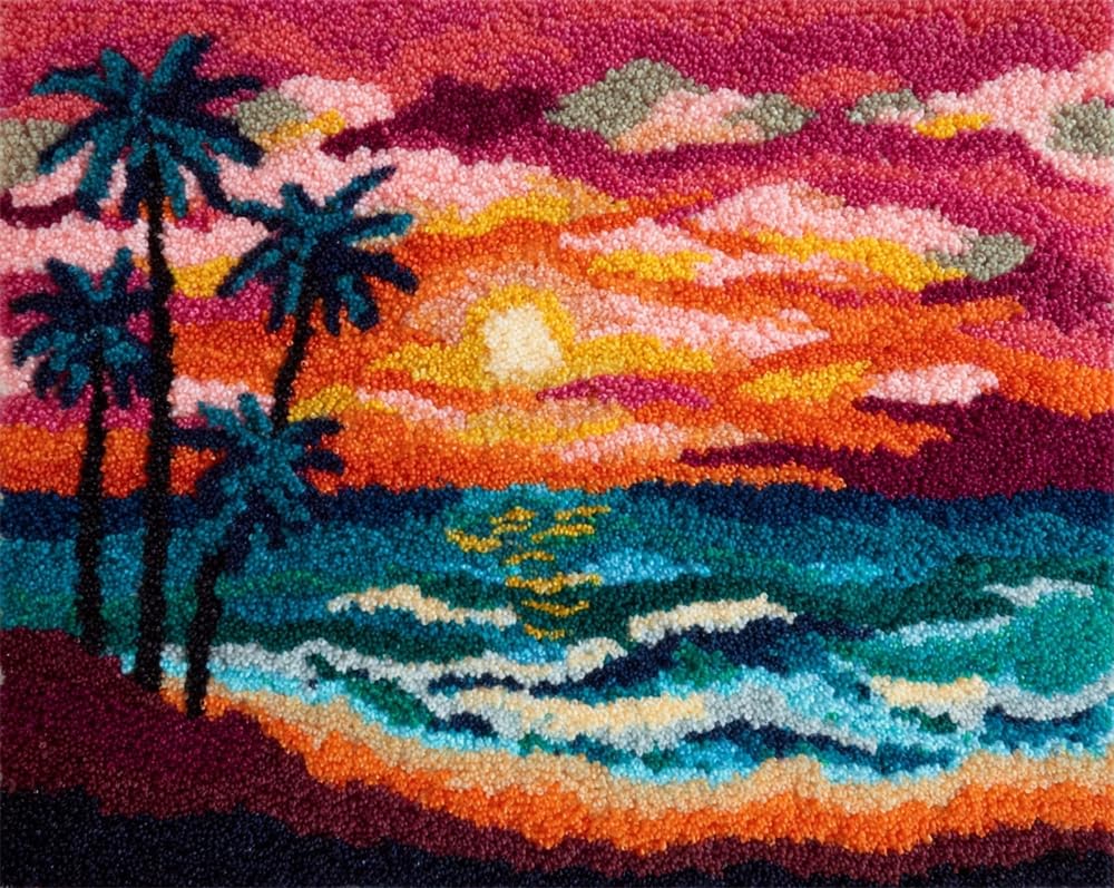 Kitquiver Latch Hook Rug Kits for Adults Sunset Beach Scene DIY with Printed Canvas Crochet Yarn Handmade Embroidery Crafts Crochet for Home Decoration 15X20In
