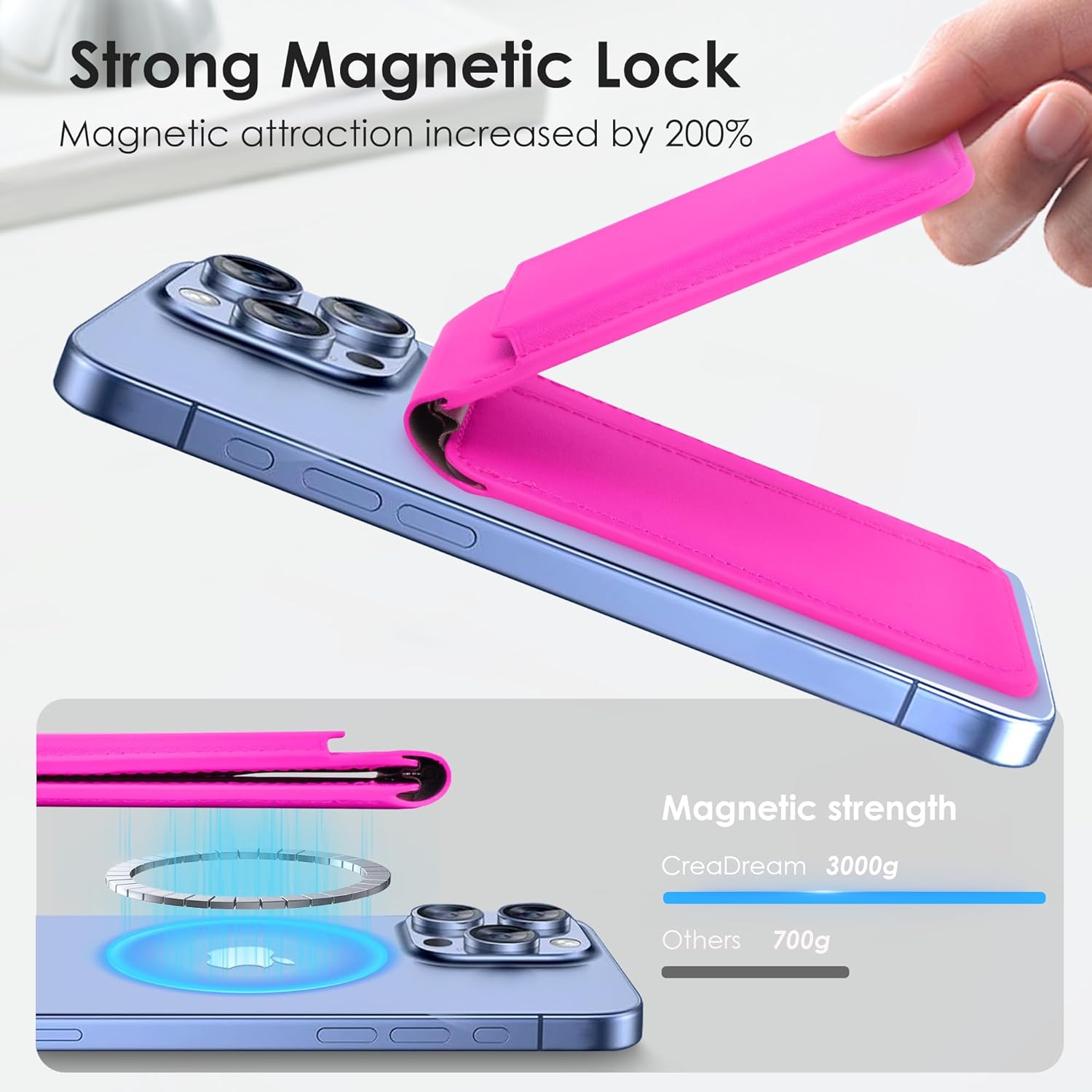 CreaDream Wallet for Magsafe, Magnetic Card Holder with RFID for iPhone 17/16/15/14/13/12 Series, Adjustable Phone Stand with 5 Card Holder, Hot Pink - Image 2