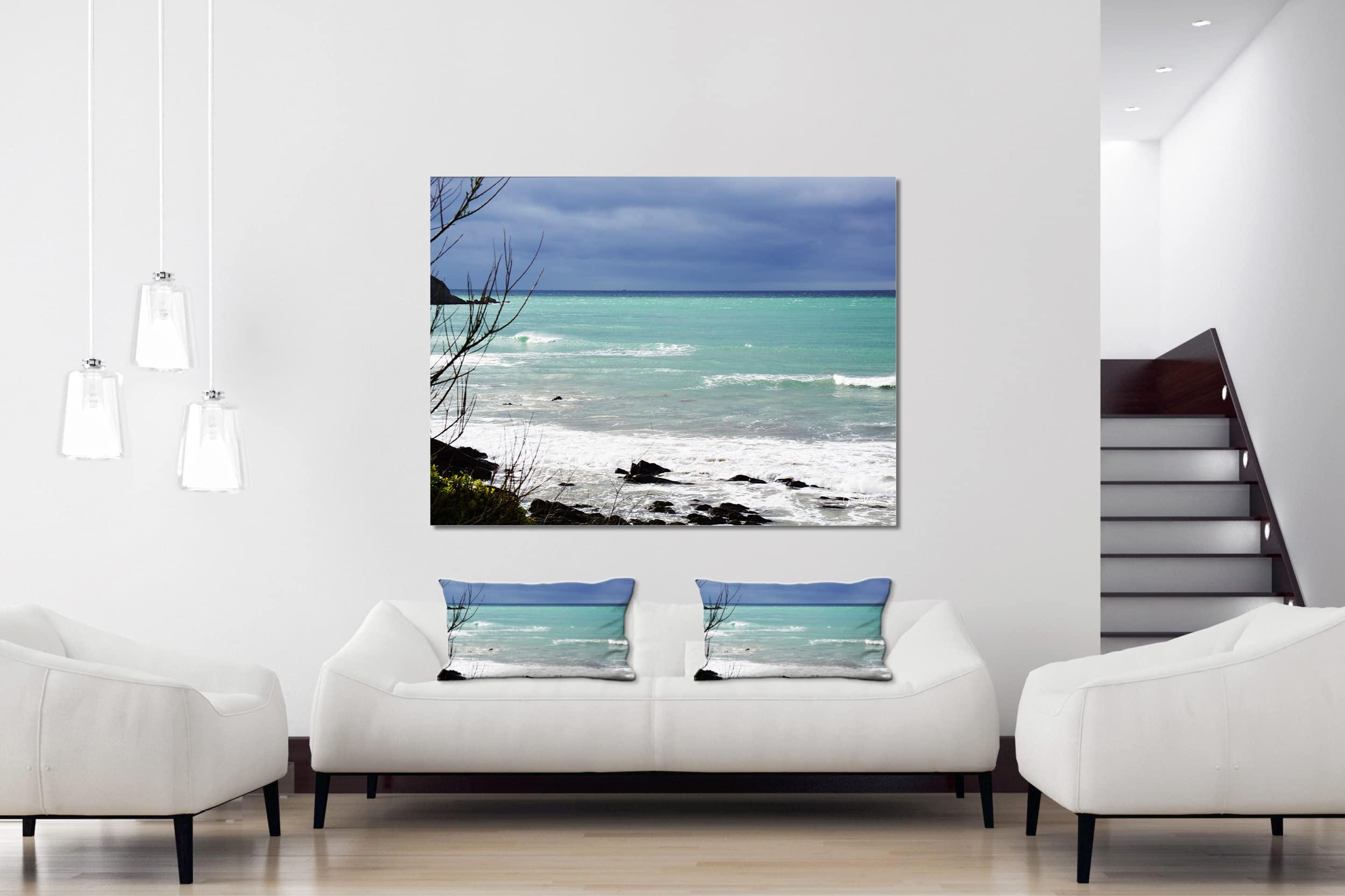 Farbspiele 2 - Foto-Kissen-Hülle Set (2 STK.) 80 x 40 cm | Kissen-Bezüge - passend zu Wandbild - Deko-Kissen - Frankreich Strand Küste blau türkis