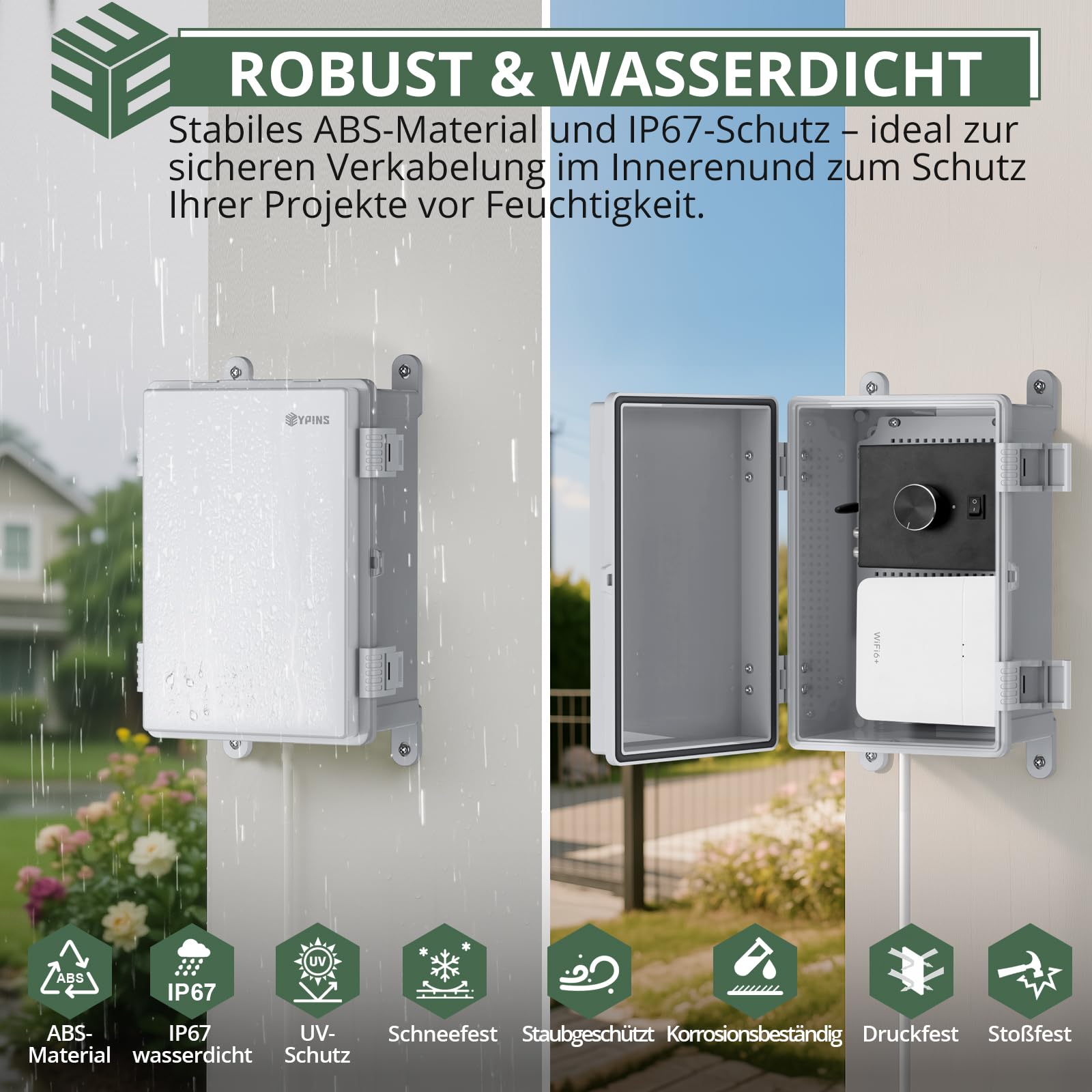 EYPINS Wasserdicht Verteilerkasten IP67, Anschlussdose Wasserdicht ABS Kunststoff Gehäuse außen Steckdosenkasten, Schaltkasten, Stromkasten mit Montagezubehör 30x20x16cm | Grauer Schaltschrank
