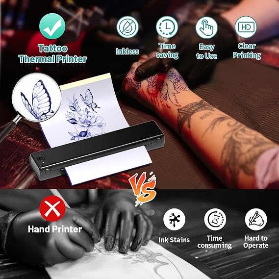 Ponek Tattoo Stencil Printer, M08F Wireless Thermal Tattoo Printer with 10pcs Transfer Paper, Compatible with Phone/Tablet/PC, Tattoo Machine for Tattoo Artists & Beginners, All Black