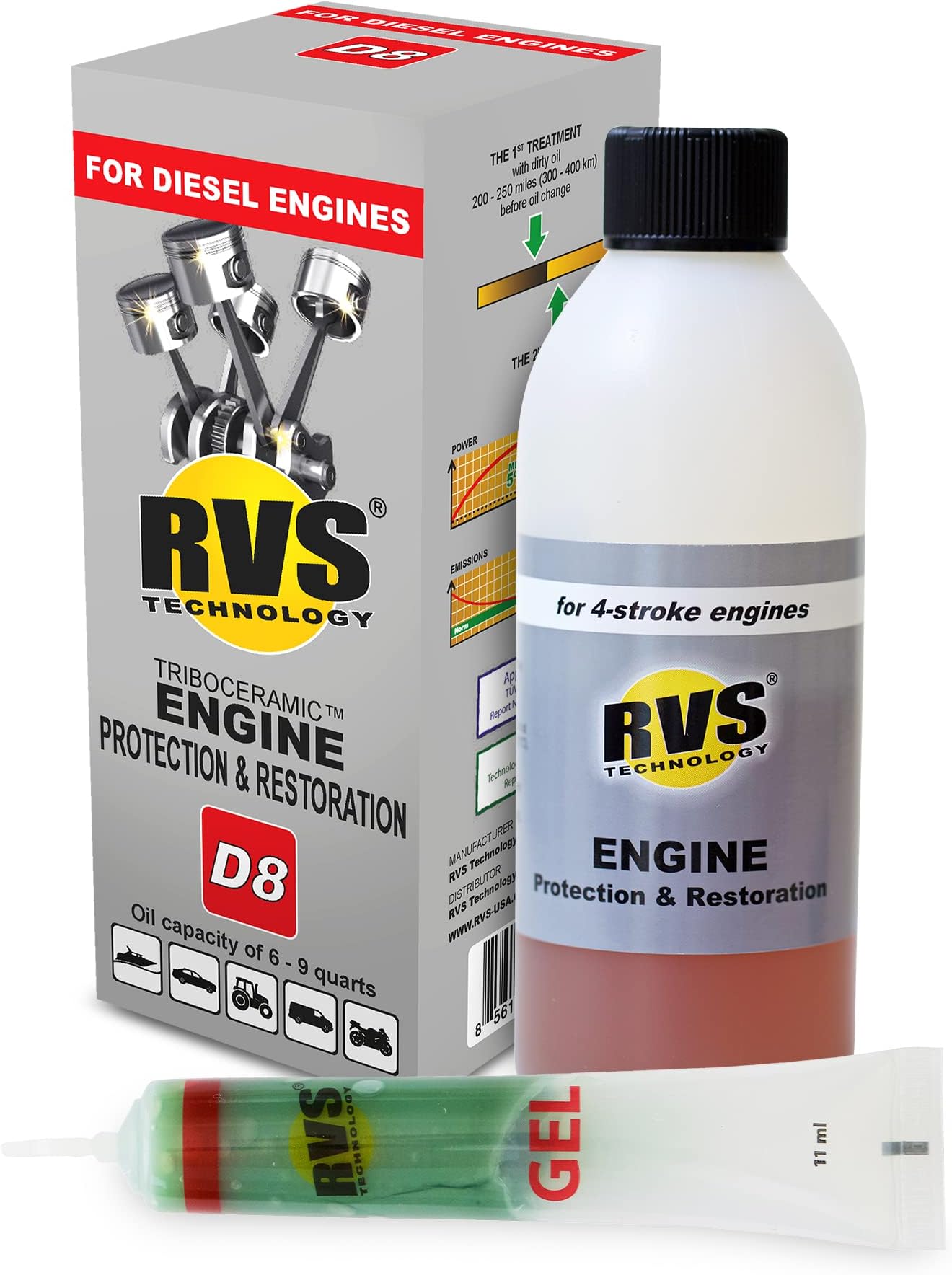 - D8 engine oil treatment, For Diesel engines with a motor oil capacity up to 9 quarts; Safely Restore and protect your Car, Truck, Motorcycle and all other engines