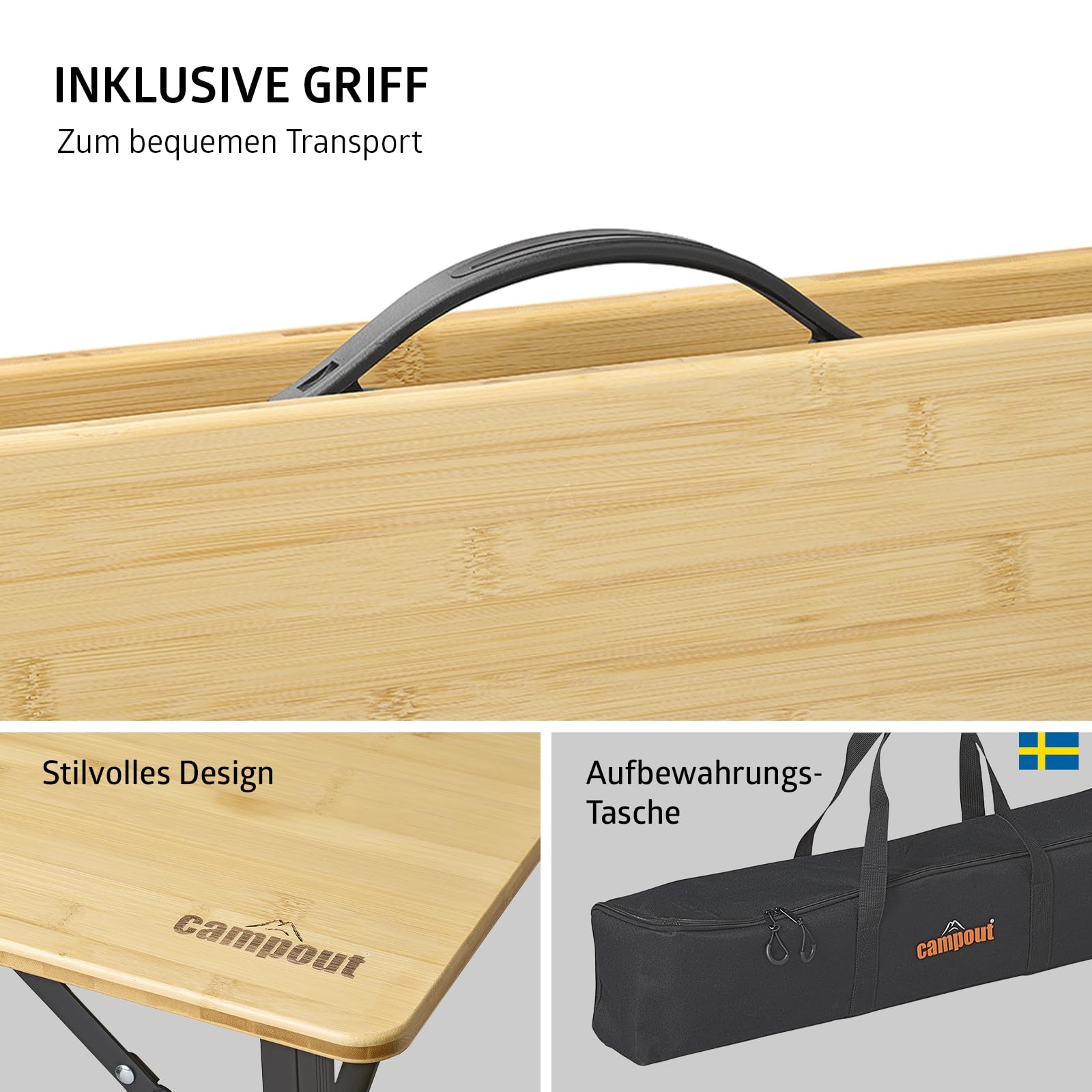 Campout Campingtisch - 120 x 70 x 70 cm - Gartentisch - Klappbarer Campingtisch - Klapptisch - 3-Fach Höhenverstellbar - Inkl. Tragetasche - Bambus