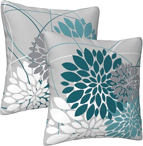 Miniatura 6 de Juego de 2 fundas de almohada de dalia verde azulado de 18 x 18 pulgadas, para primavera y verano, color gris, turquesa, geométrica, línea floral,