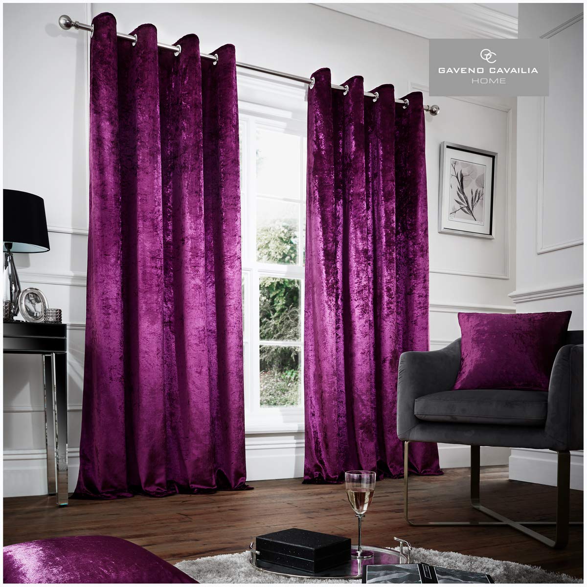 Gaveno Cavailia Solid Velvet Eyelet Curtains Aubergine, 100% Polyester Luxury Ring Top Drapery with Matching Tie Backs, Two 66"x72" Glamorous Panels, Easy Care Window Treatment