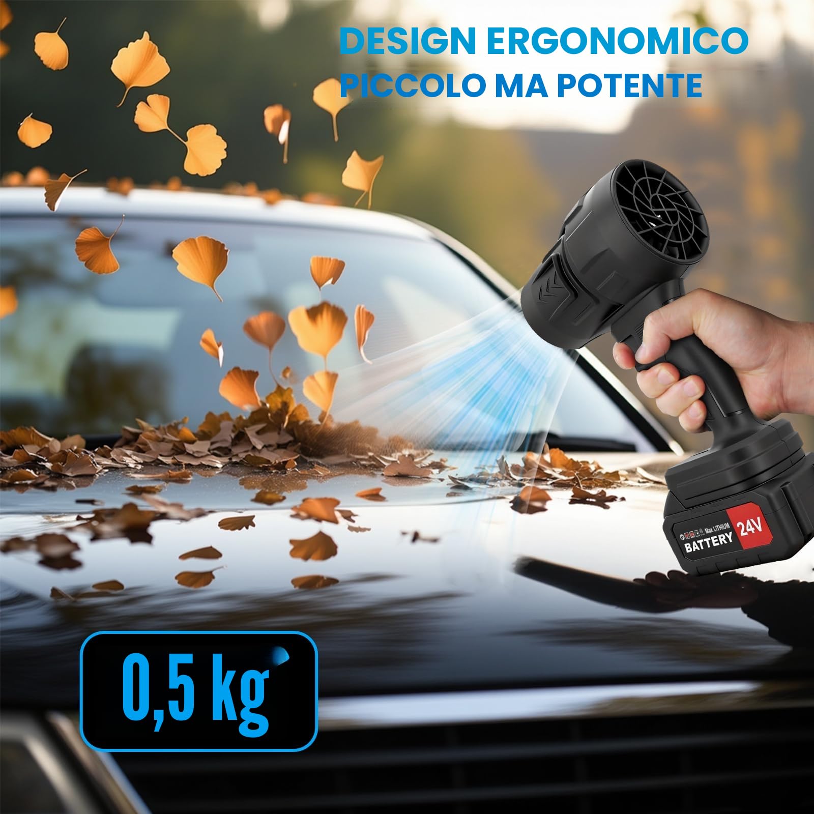 Soffiatore 21V 250000 tr/min, 130 MPH, 2 Batterie – Giardino/Auto/Campeggio | Motore 550 W, Portata 130 MPH, Leggero 0,8 kg, Impugnatura Ergonomica, Autonomia 30 min – Uso Interno/Esterno