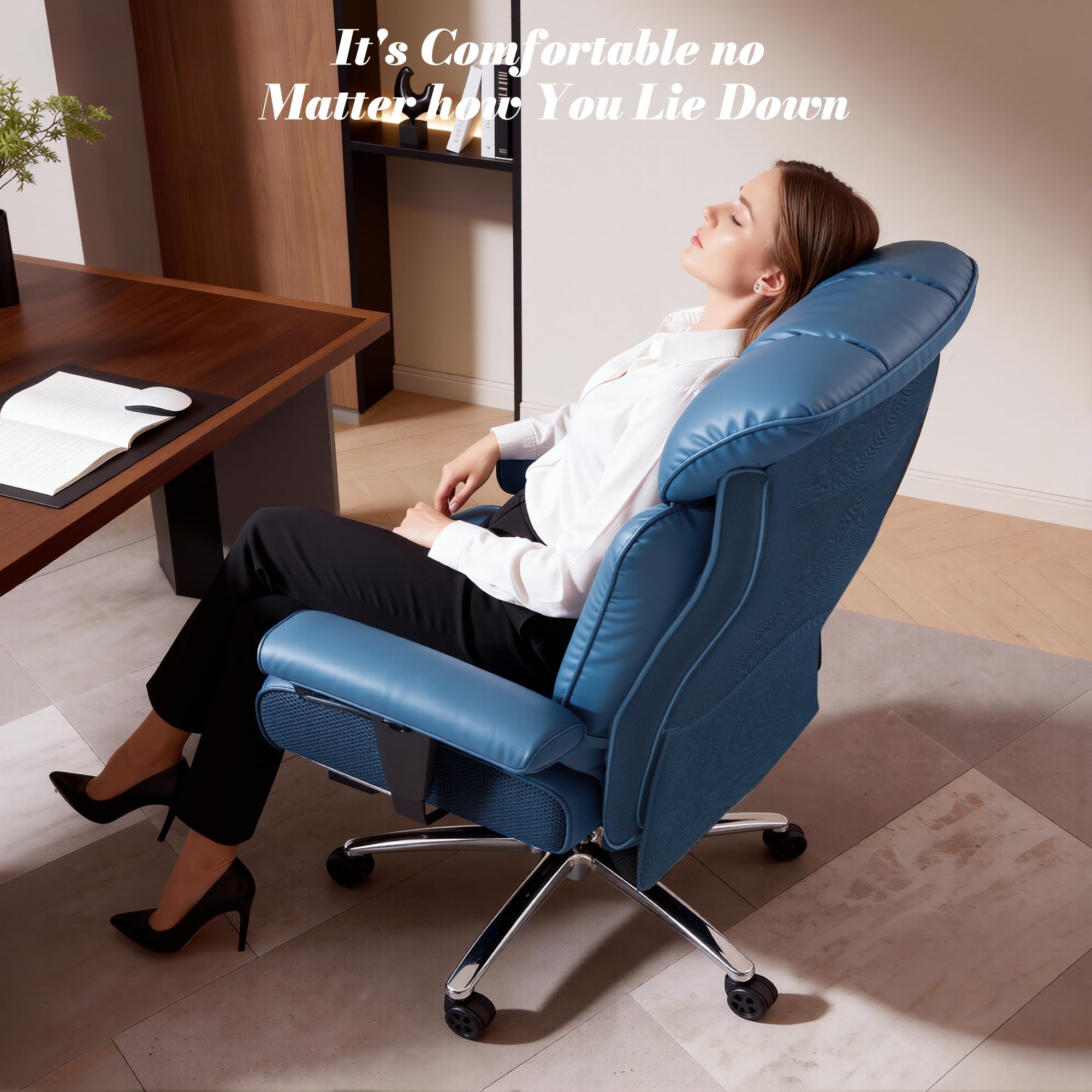 Efomao Sedia da Ufficio Ergonomica, Poltrona Direzionale in Ecopelle PU con Poggiapiedi Estraibile, Sedia da Scrivania Reclinabile con Imbottitura Spessa, Supporto Lombare, Portata 200kg (blu)