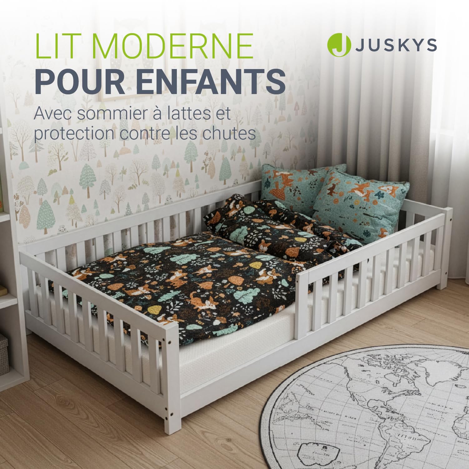 Juskys Lit au Sol Enfant Naya 120x200 cm avec Barrière de Sécurité et Sommier à Lattes, Lit à barreaux Montessori en Bois Massif Pin pour Enfants et Adolescent, Blanc