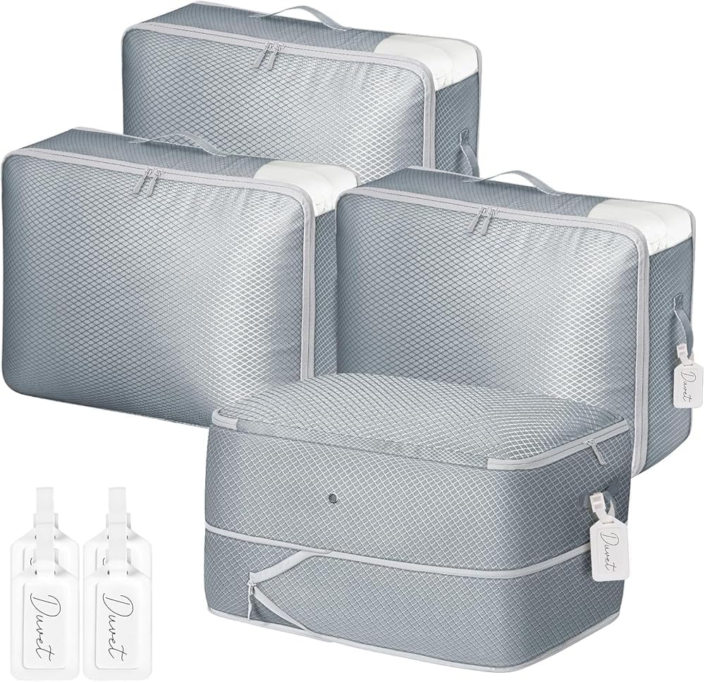 DIMJ Selbstkomprimierender Organizer - Bettwäsche Aufbewahrung 4 Stück Aufbewahrung Bettdecken Kompression Kompressionsbeutel für Packing Cubes, Kleidung, Umzug, Decken, Grau