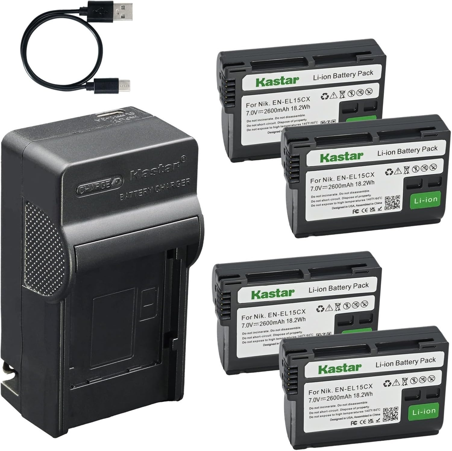 Kastar 4-Pack Battery and AC & USB-C Charger, Compatible with Nikon EN-EL15 EN-EL15a EN-EL15b EN-EL15c MH-25, Works with Z5II Z6III Z7II Z8 Z9 Zf D500 D600 D610 D750 D780 D800 D810 D850 Cameras