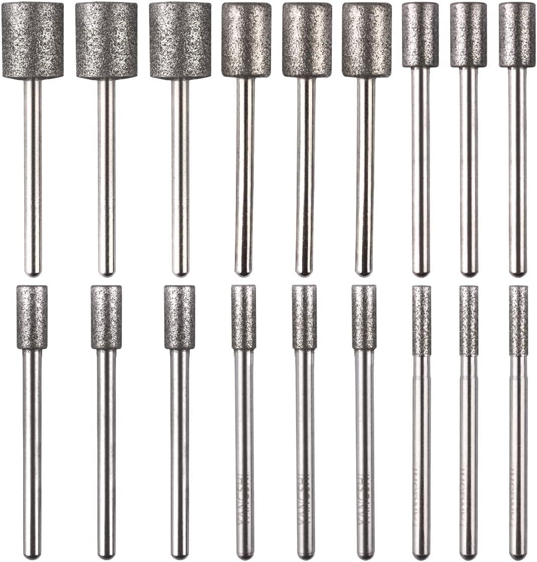 ATOPLEE 18 Pieces Diamond Rotary Grinding Bits - 3mm Shank Cylinder Head Diamond Mounted Burr for Most Rotary Tool (120#-18pcs)