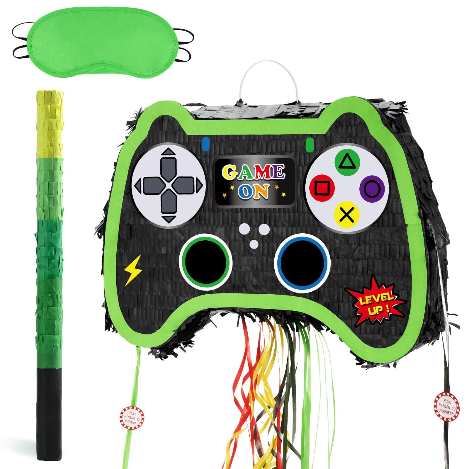 WERNNSAI Foldable Video Game Piñata - Pull String Gaming Birthday Party Supplies Extendable Piñata with Blindfold Bat and Tassels Game On Birthday Party Decoration Folding Piñatas for Classroom Game