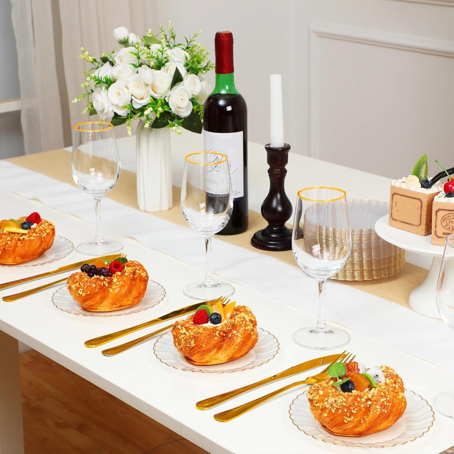 Hushee 50 Pcs Plastic Plates with Gold Trim 6'' Small Round Disposable Vintage Dessert Plates for Party Birthday Buffet Wedding Catering Celebration Reception (Clear) - Image 5