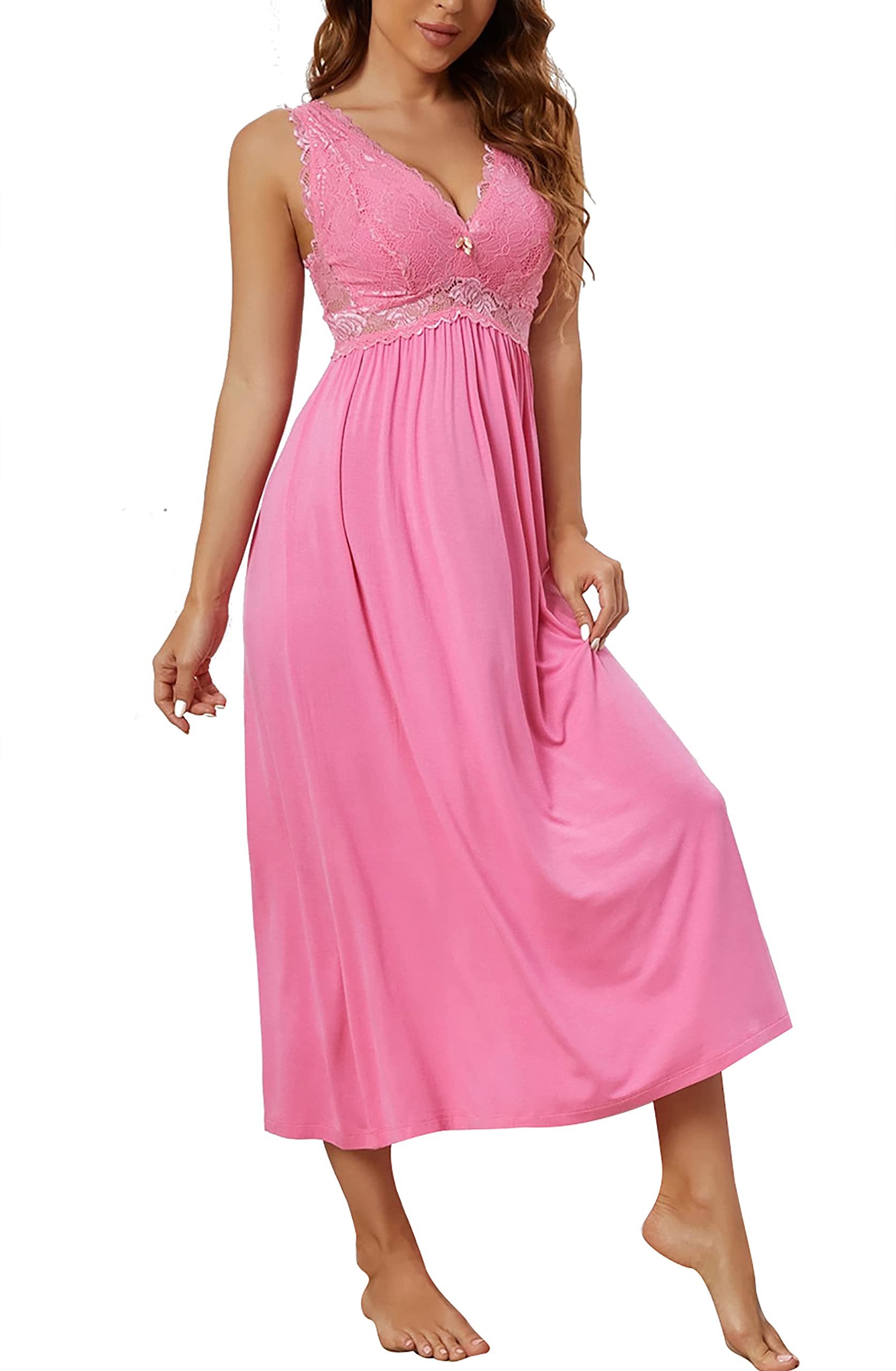 ALCEA ROSEA Ropa de dormir para mujer, lencería de encaje con cuello en V, camisón largo y sexy, sin mangas, elegante