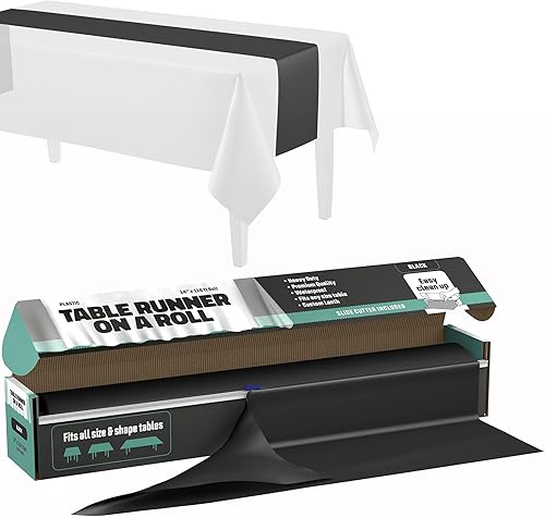 Camino de mesa negro  Camino de mesa largo de plástico de alta calidad de 14 x 110 pies con caja cortadora  Corte a medida  Camino de mesa