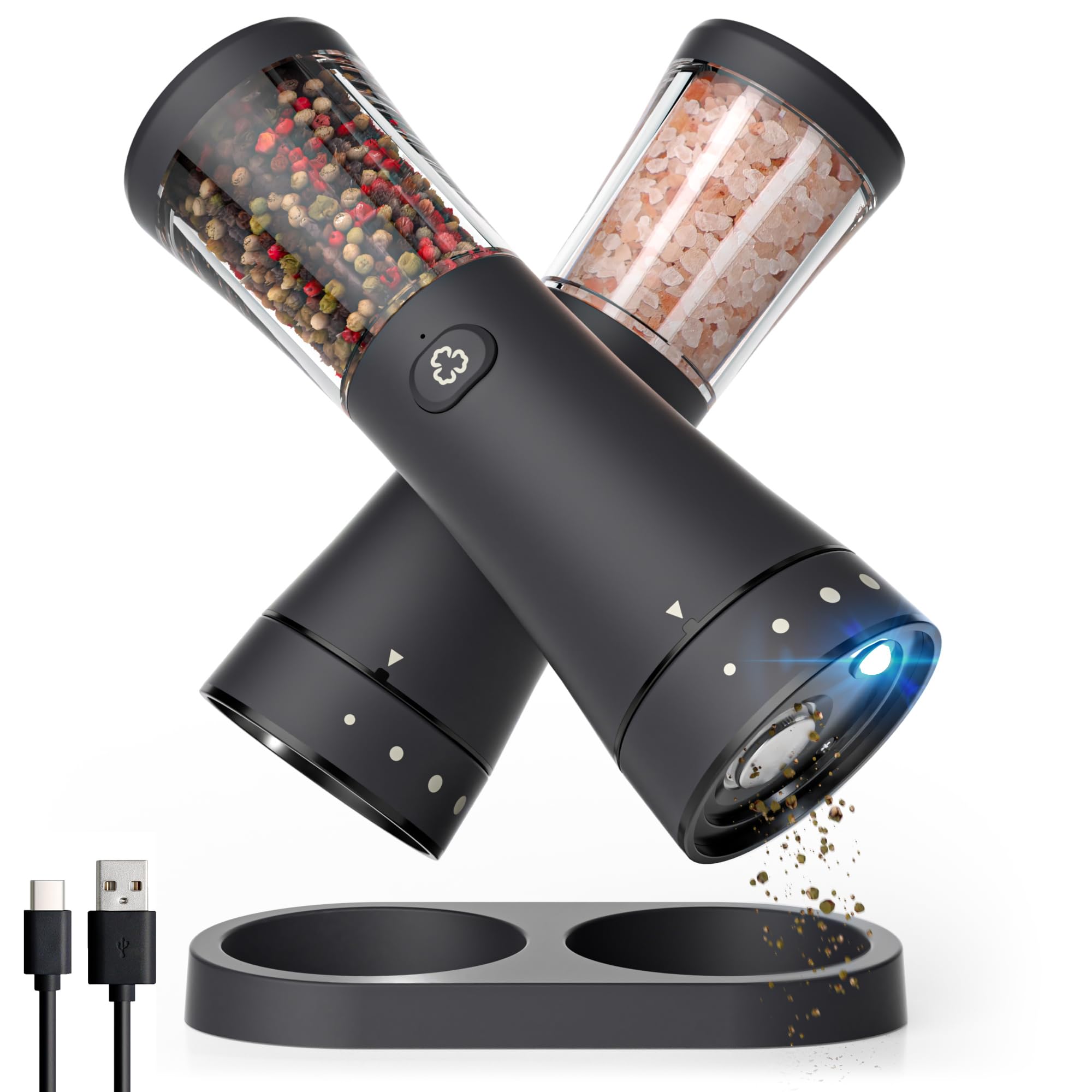Salz und Pfeffermühle Elektrisch - Gustaro - 130ml - Einstellbarer Mahlgrad - USB-C Aufladbar - LED-Licht - Keramikmahlwerk - Matt Schwarz