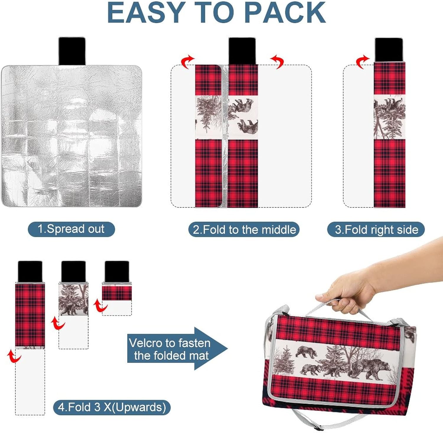 Vintage Black Red Plaid Check Beach Picnic Blanket Rustic Farmhouse Country Cabin Wildlife Bear for Outdoor Picnics, Beach, Camping 58.3x58.3 Inch