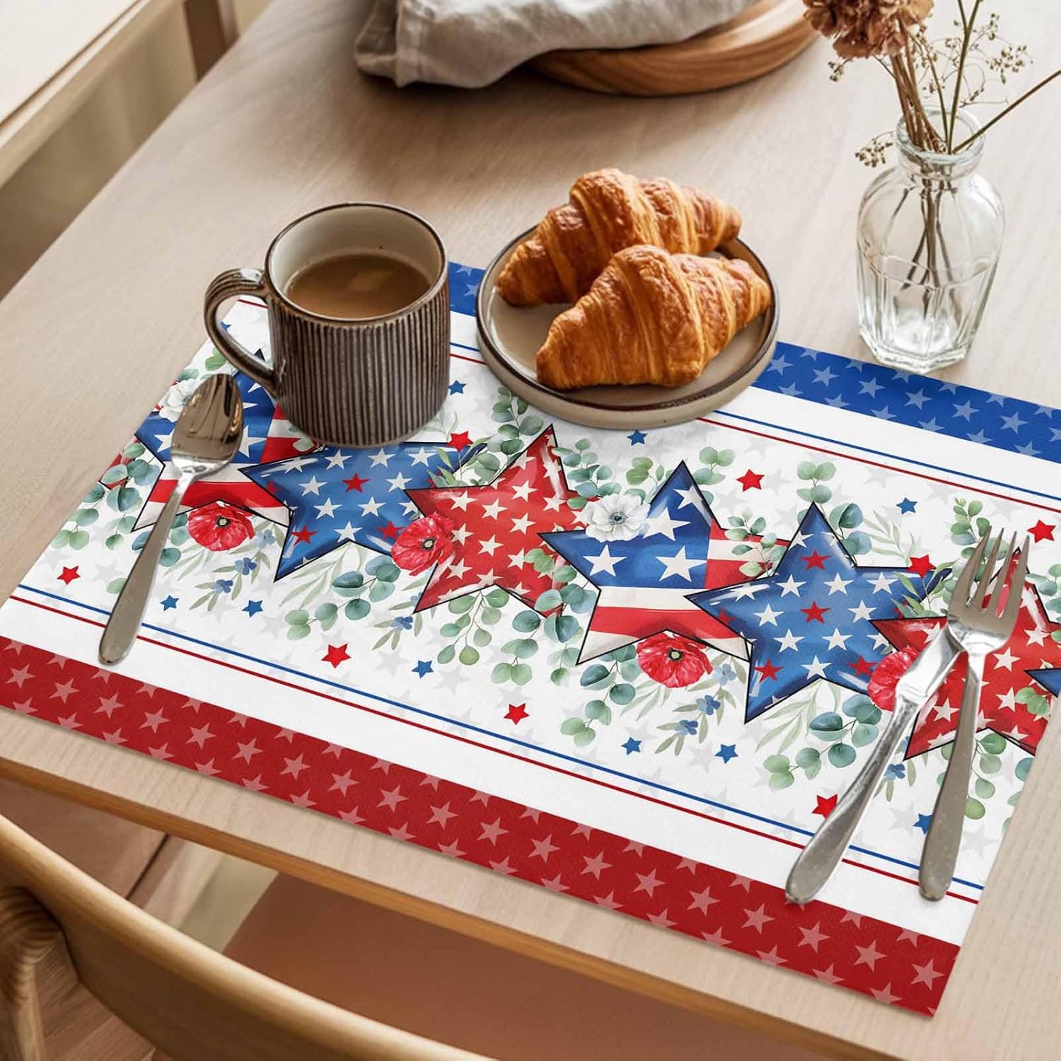 Independence Day Placemats Set of 6, Eucalyptus Leaves Poppy Flower American Flag 4th of July Star Blue Red Stripes Heat Resistant Burlap Place Mats for Dining Table Kitchen Party Holiday 13''x19''