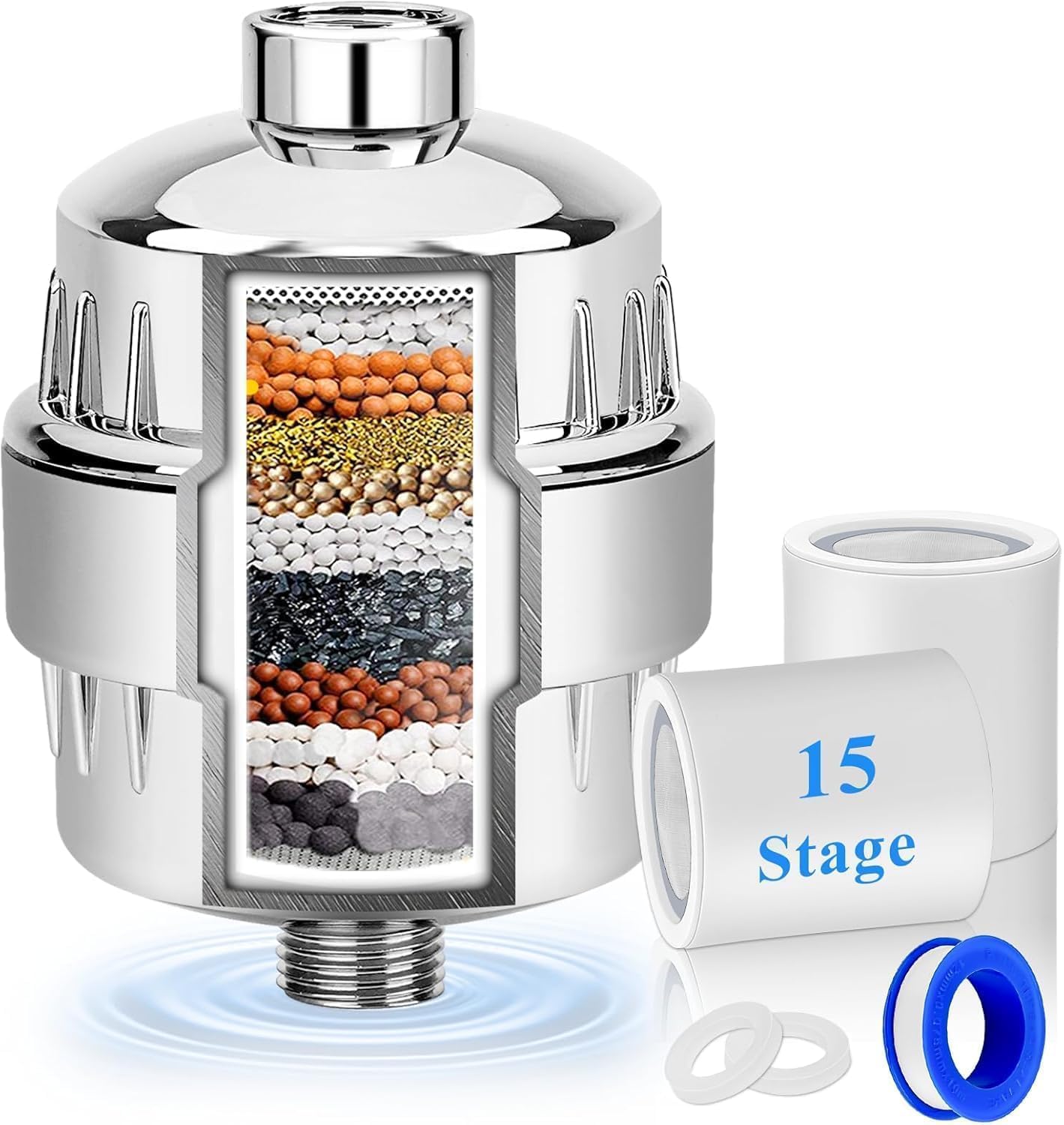 15 Stage Filtered Shower Head, High Pressure Hard Water Softener Showerhead with Filter Cartridge for Hard Water Remove Chlorine and Harmful Substances (15 Stage Filtered Shower Head)
