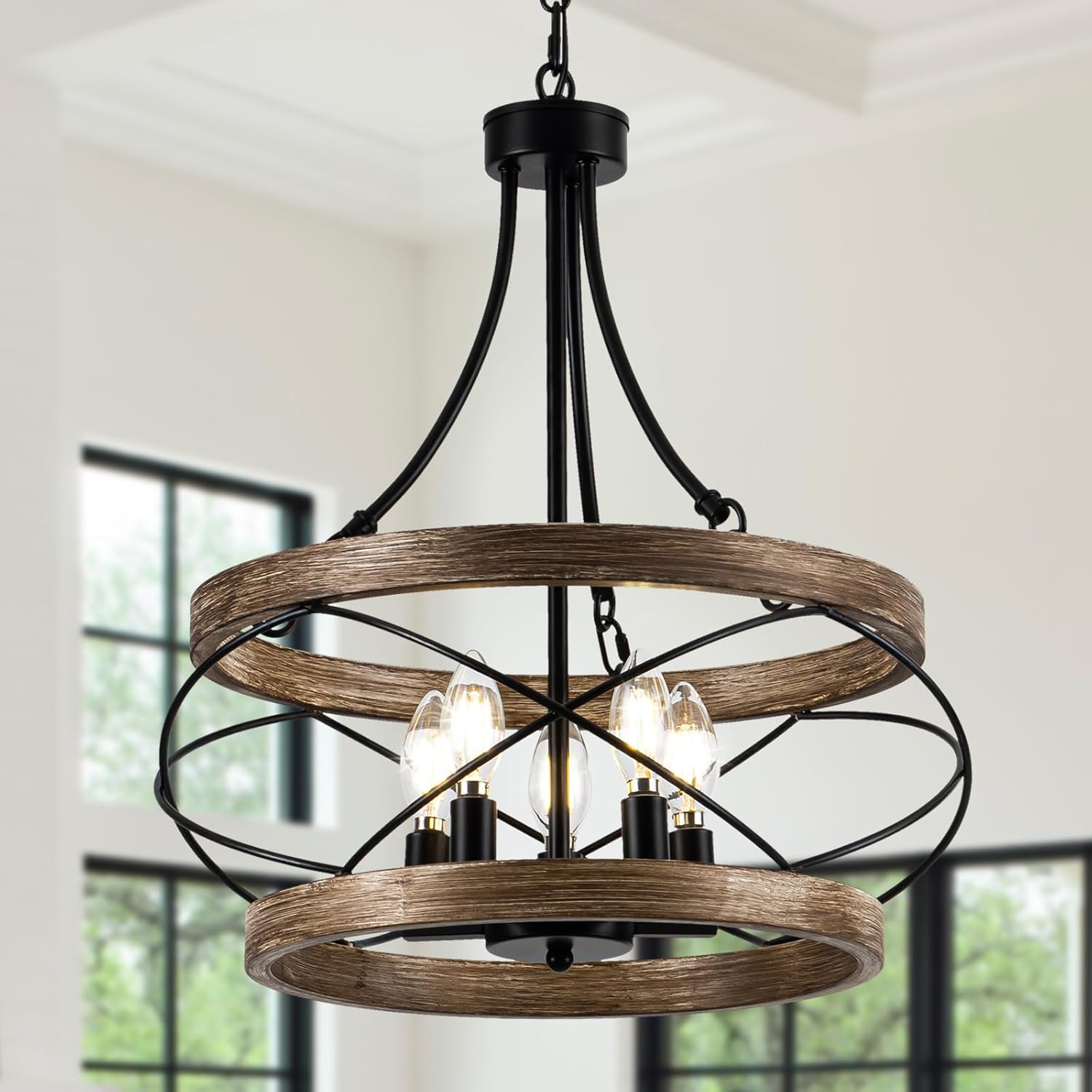 5-light farmhouse chandelier, 17.72" rustic drum dining room light fixture, vintage wood finish metal hanging pendant lighting, industrial candle chandeliers for living room kitchen entryway bedroom
