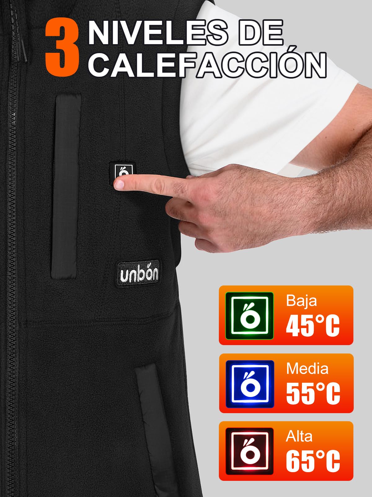 UNBON Chaleco Calefactable Hombre Batería USB 10000mAh 3 Temperaturas 6 Zonas Calefactables