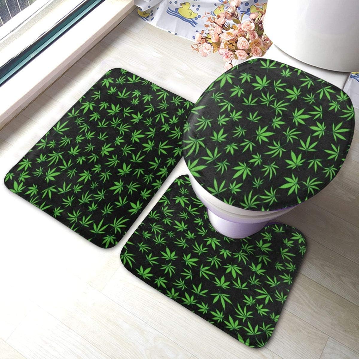 RedBeans - Juego de 3 alfombrillas de baño antideslizantes de franela para baño, diseño de hojas de marihuana de cannabis y hojas de marihuana de color negro, suave y antideslizante
