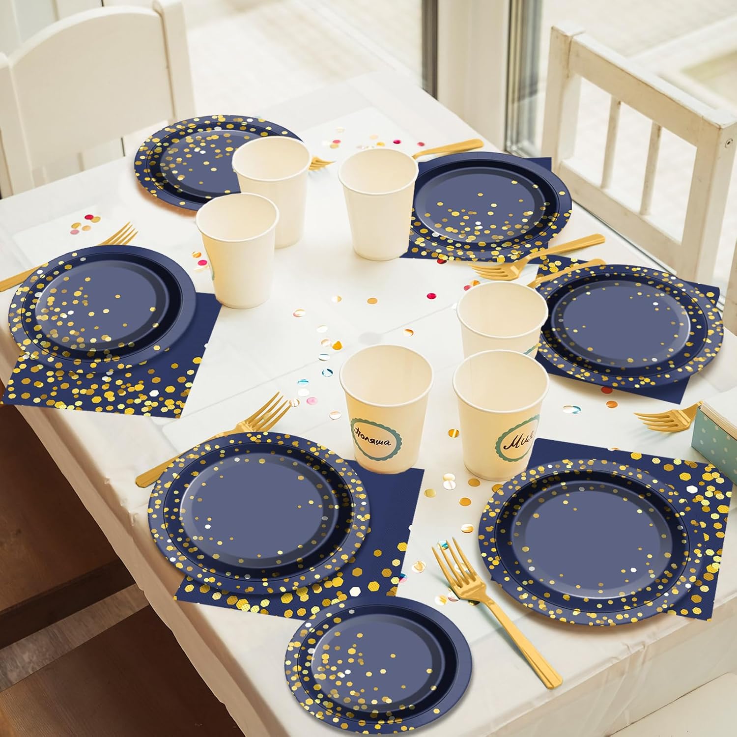 gisgfim 50 Guests Blue and Gold Party Supplies Decorations Tableware Set Blue and Gold Paper Plates Napkins Disposable Plates Graduation Tableware for Men Women Happy Birthday Party Decorations 200PCS