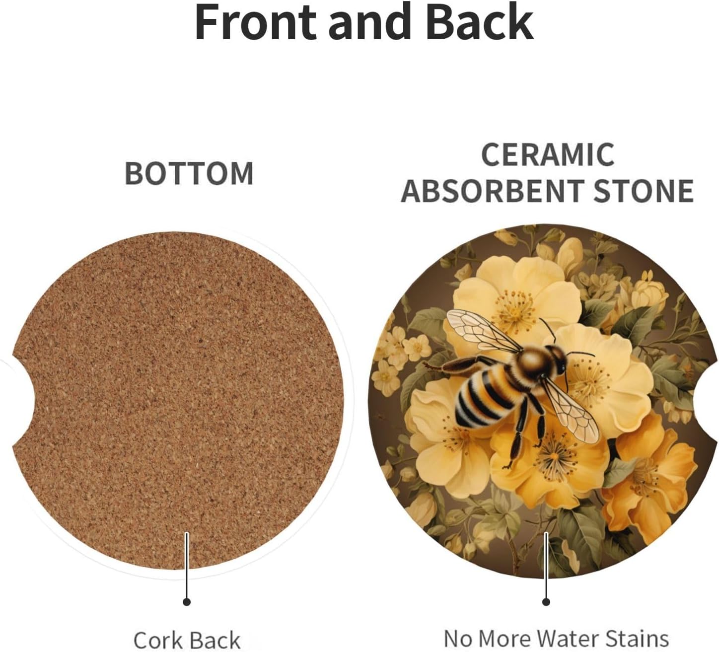 2pcs Car Cup Holder Coasters, Honey Bee Flowers, Ceramic, Round, Absorbent, Non-Slip Cork Base, Groove Design