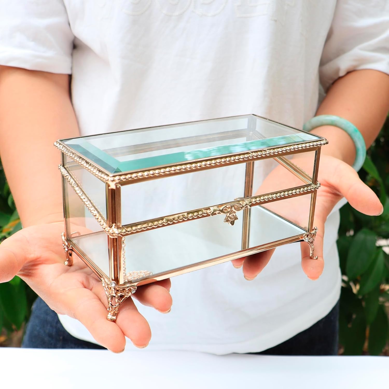 Glass Vintage Jewelry Box Keepsake storage Trinket Ring Display Box Home Decor Beveled Clear Glass Box Organizer (6.8x3.9x3.5)