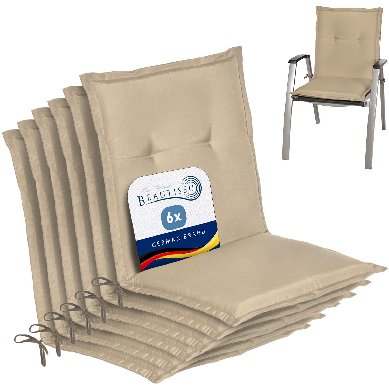 Beautissu Set di 6 Cuscini per sedie da Giardino per Interni ed Esterni | 100x50x8cm beige morbido comoda soffice imbottitura ideale anche per spiaggine Cuscino schienale basso anima schiuma Loft NL