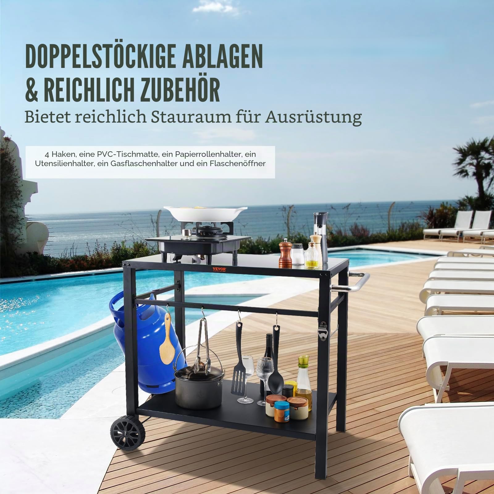 VEVOR Servierwagen Küchenwagen 100 x 64 x 83,5 cm Outdoor-Grill-Esswagen mit Doppelter Ablage, Beweglicher Grilltisch für die Zubereitung von Speisen, Multifunktionale Tischplatte aus Eisen Schwarz