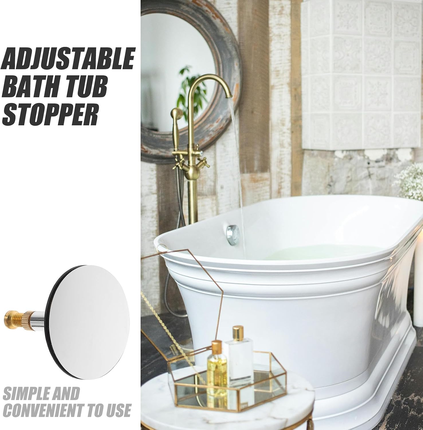 Adjustable Copper Bathtub Stopper with 8mm Rod Diameter, Rotating Bathroom Drain Plug Cover, Tub Water Stopper Replacement for Bath and Sink Drain