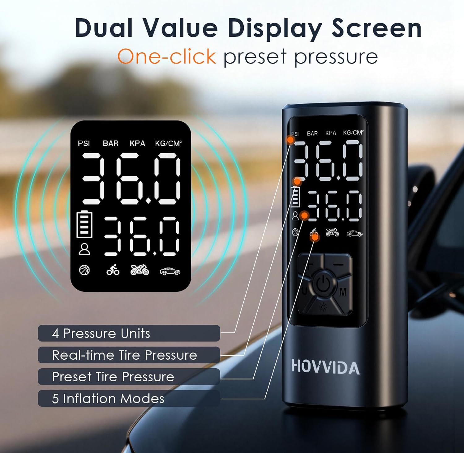 HOVVIDA Portable Air Compressor showing emergency LED light and charging a smartphone