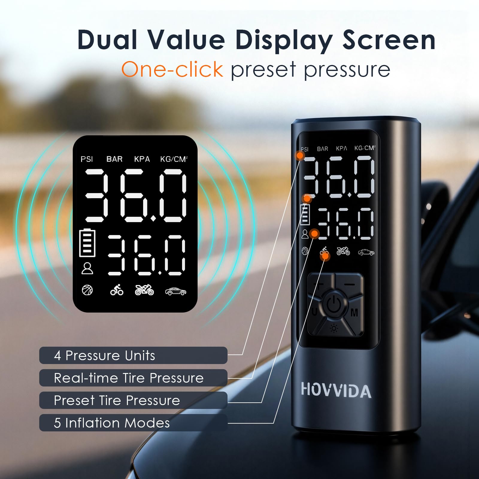 HOVVIDA Tyre Inflator Portable Air Compressor, Cordless Car Tyre Inflator 150 PSI (10.3 Bar), Fast Inflation, Auto Shut-Off, 5200 mAh, LED, Air Pump for Car, Motorcycle, Bike, Ball — view 5