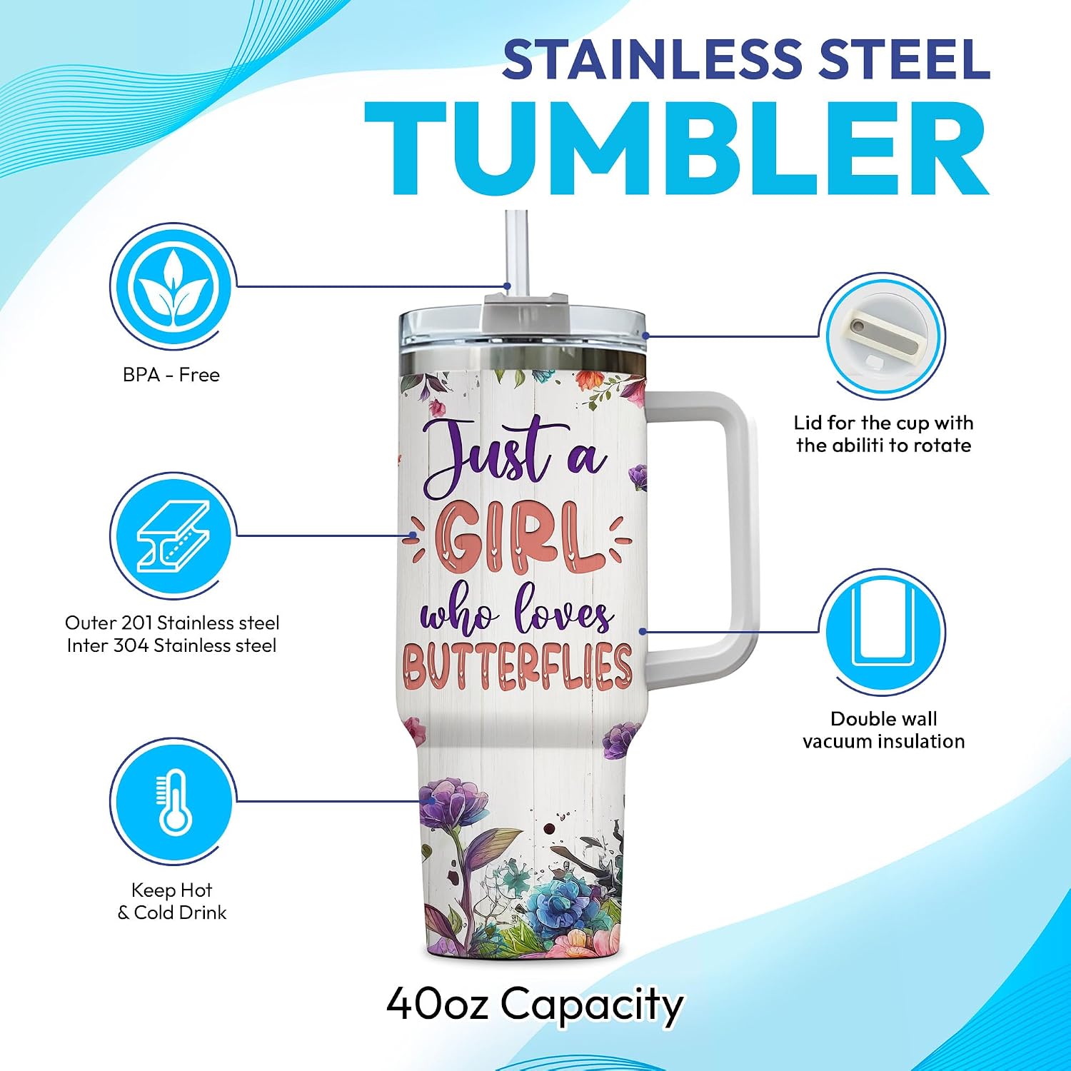 Hyturtle Personalized Gifts For Butterfly Lover Tumbler 40oz with Handle and Straw - Stainless Steel Travel Coffee Cup With Lid - Cute Animal Lover Gifts For Women, Girl On Birthday Christmas