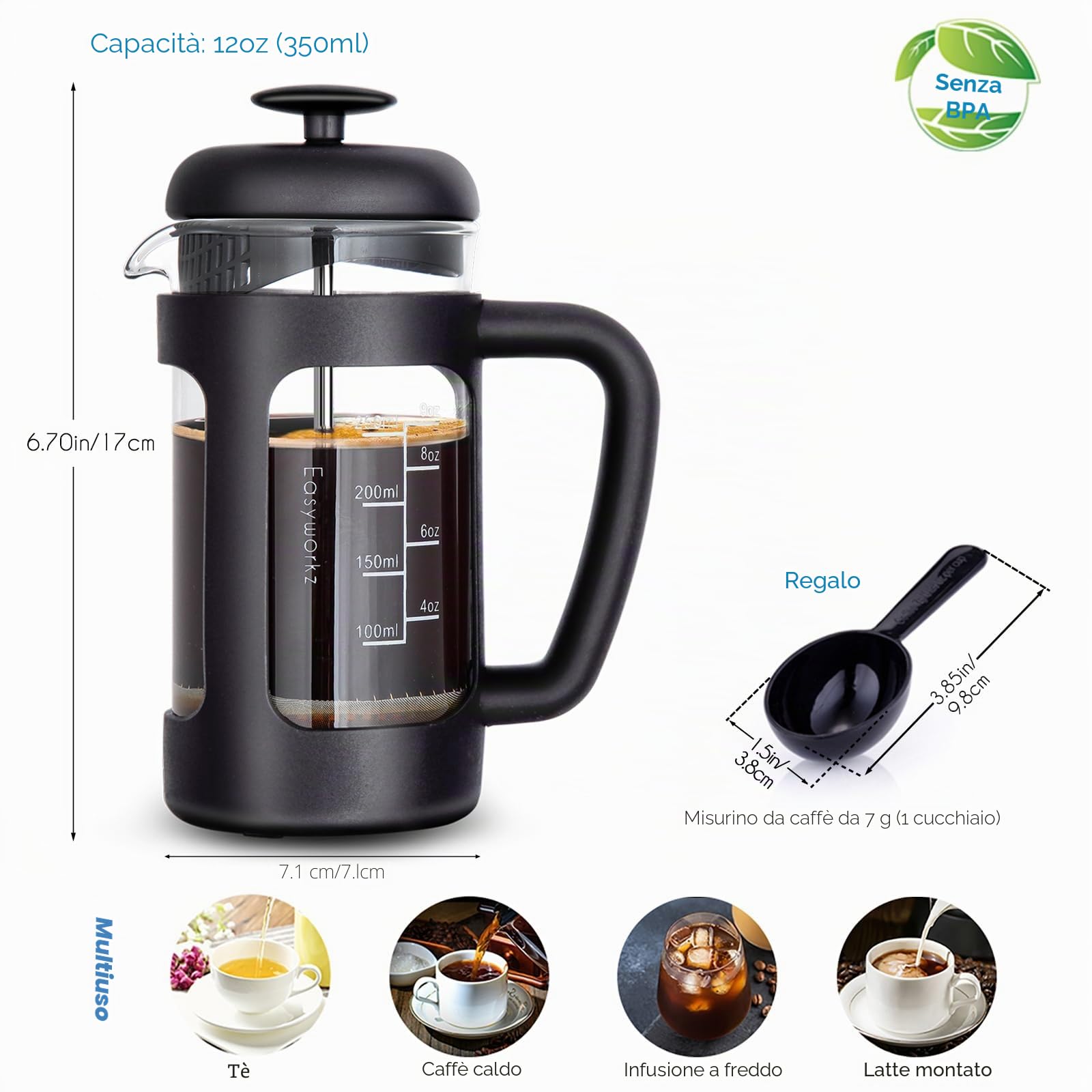 Easyworkz francese Pressa 350ml Bollitore per tè e caffè con vetro borosilicato, impugnatura morbida