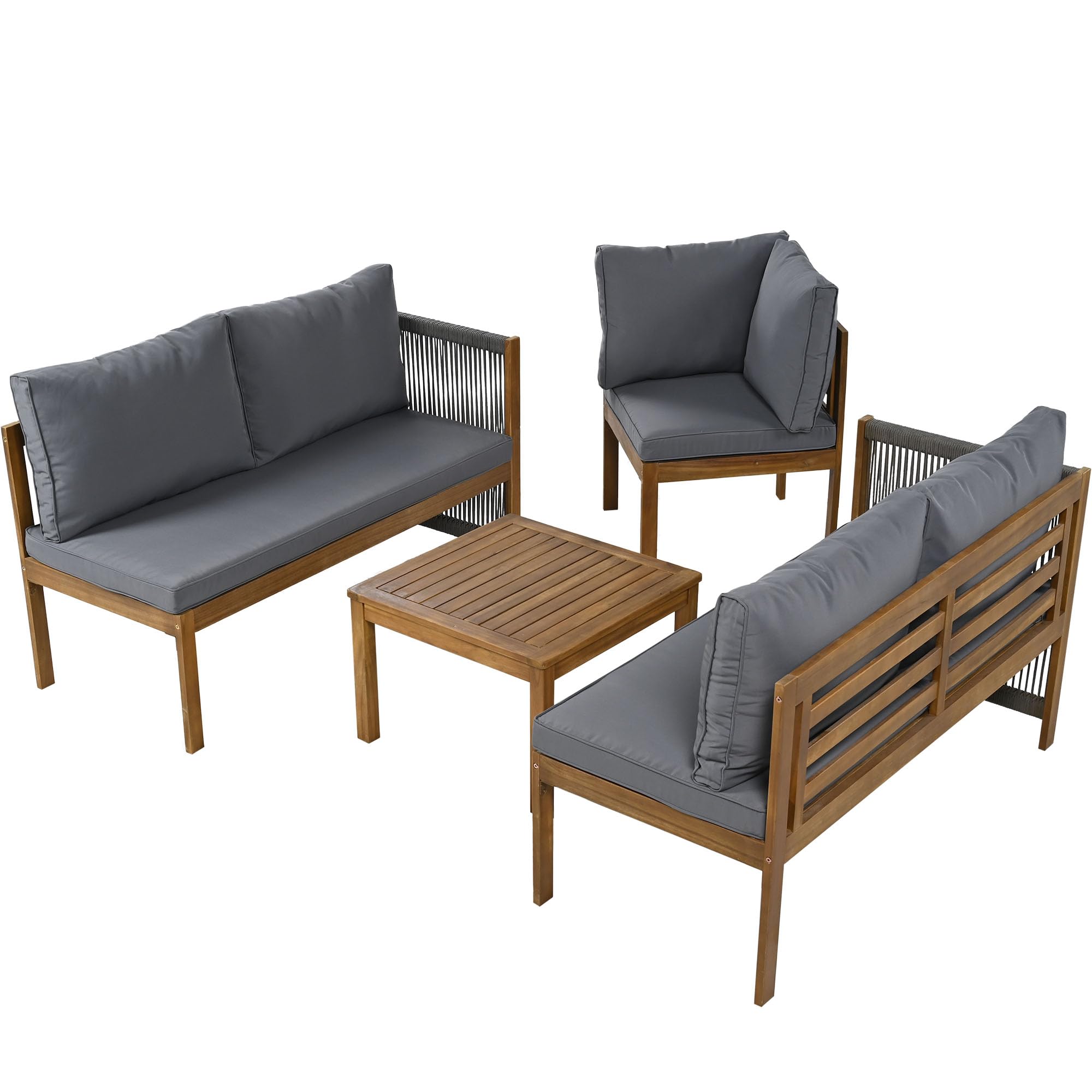 Lubvtti Set giardino esterno,divano da esterno + tavolino,mobili da giardino,struttura in acacia, piano in acacia,lavorazione artigianale in corda intrecciata, adatto per il giardino, grigio