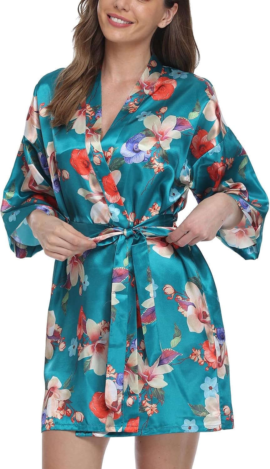 Women's Floral Satin Robes Plus Size Kimono Bride Bridesmaid Bridal Party Getting Ready