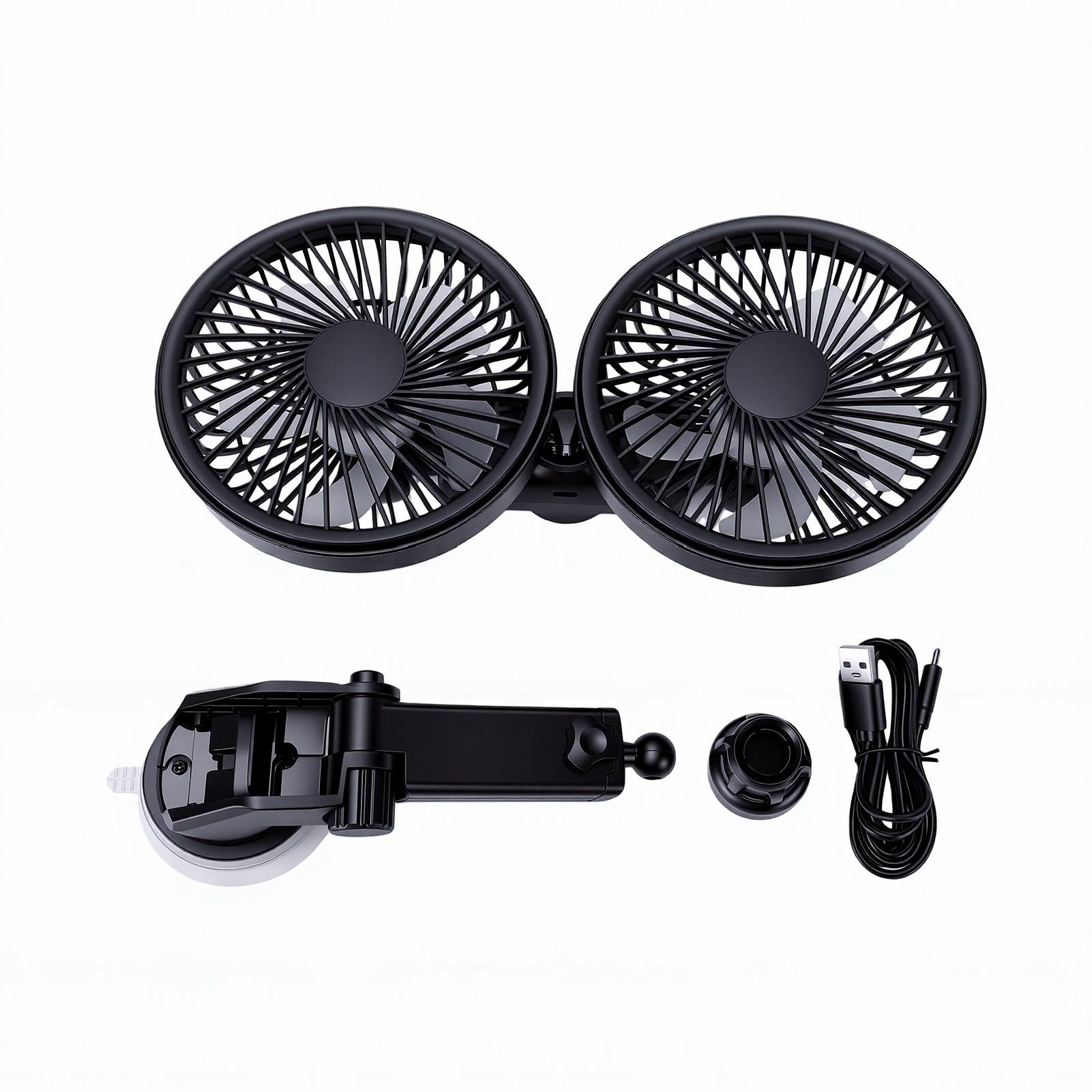 Tosuny Ventilador de Coche de Doble Cabezal con Ventosa, Ventilador de Camión Ajustable de 360°, Recargable de 3600mAh, Fuerte Flujo de Aire para Semirremolque RV Van Cab (BLACK)