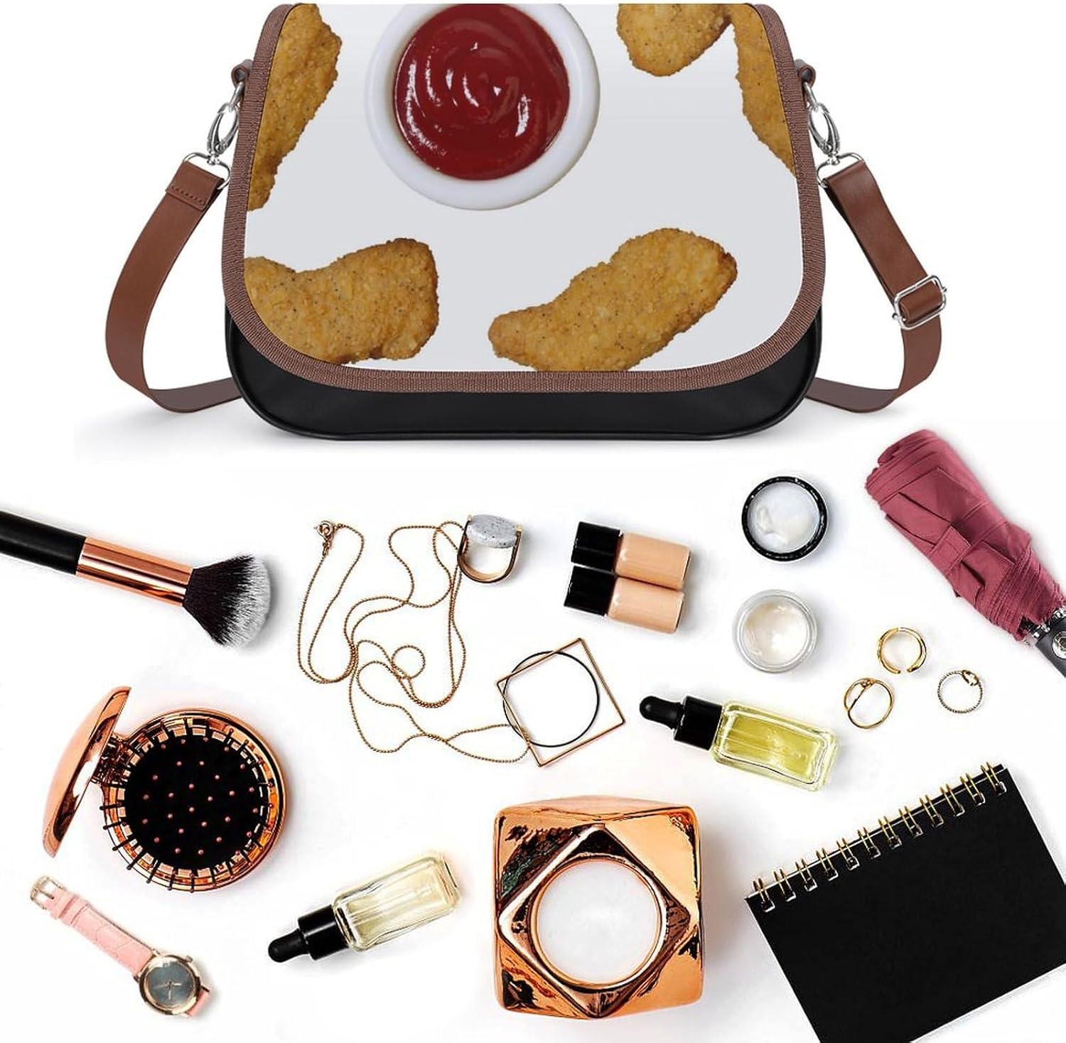 Fried Chicken NuggetsWomen's Faux Leather Crossbody Bag, Waterproof Wrinkle-Resistant Shoulder Bag with Detachable Strap, Large Capacity Casual Handbag, Fashion Daily Purse for Shopping Work Dating, I