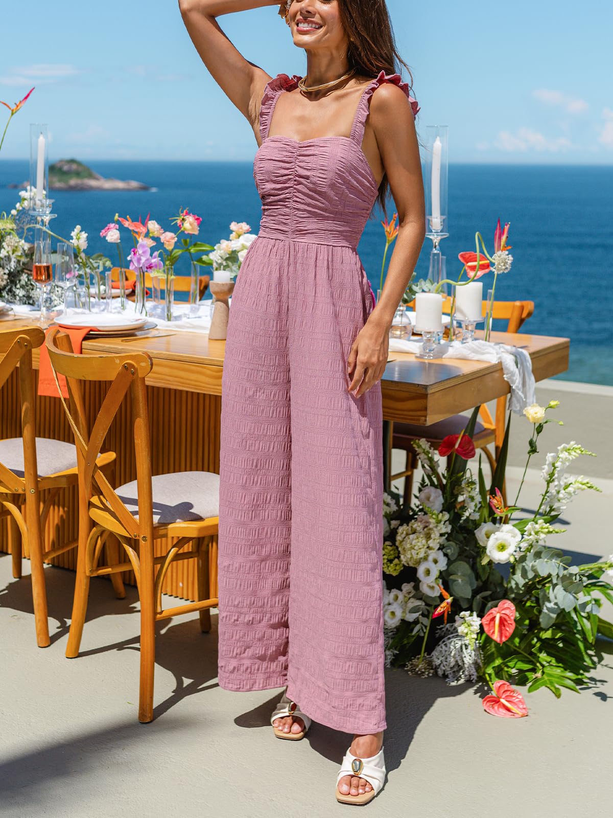 CUPSHE Mono de verano para mujer, sin mangas, con volantes, pierna ancha, parte superior ahuecada, textura arrugada, suelto, playa, vacaciones, playsuit