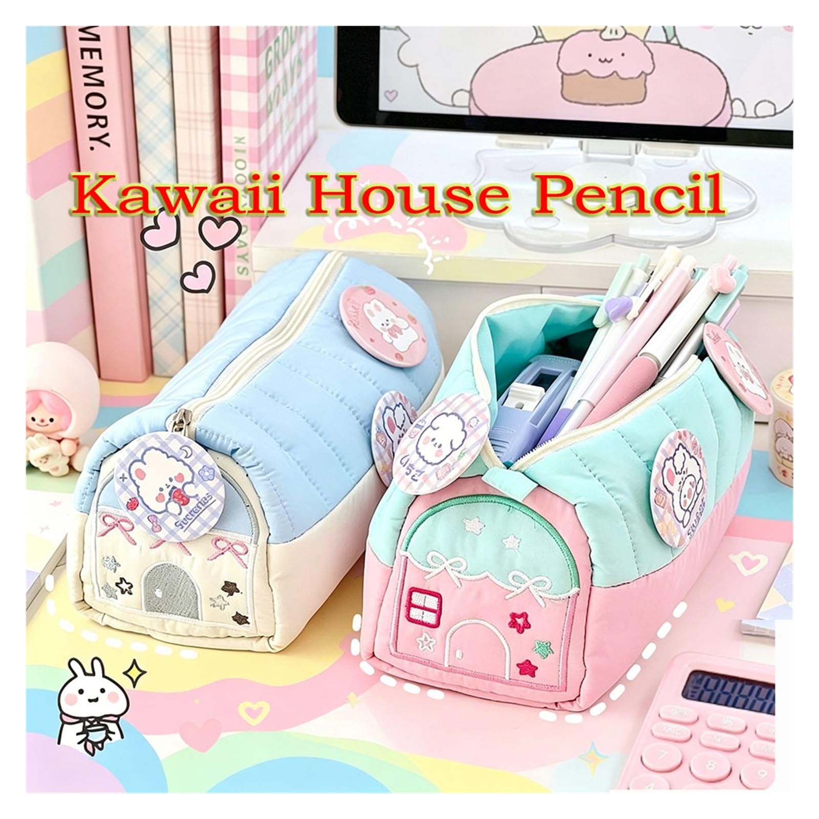 Astuccio portapenne 3D House for la scuola | Kawaii, tela, grande capacità, simpatico cartone animato, regalo for ragazze(Blue)