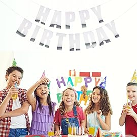 MEETINGU Happy Birthday Banner, Silver Happy Birthday Bunting Banner, Theme Party for Adult Kids Baby Shower Birthday Tea Party Changeable Party Decorations Hanging Dcor