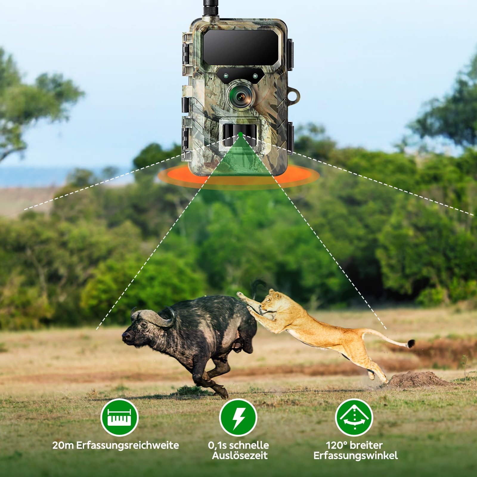 VOOPEAK 4G LTE Wildkamera mit SIM Karte, Wildtierkamera mit Handyübertragung App, 32MP 1080P Jagdkamera mit unsichtbarer Nachtsicht, 120° Weitwinkel, IP66 Wasserdicht Kamera für Wildbeobachtung