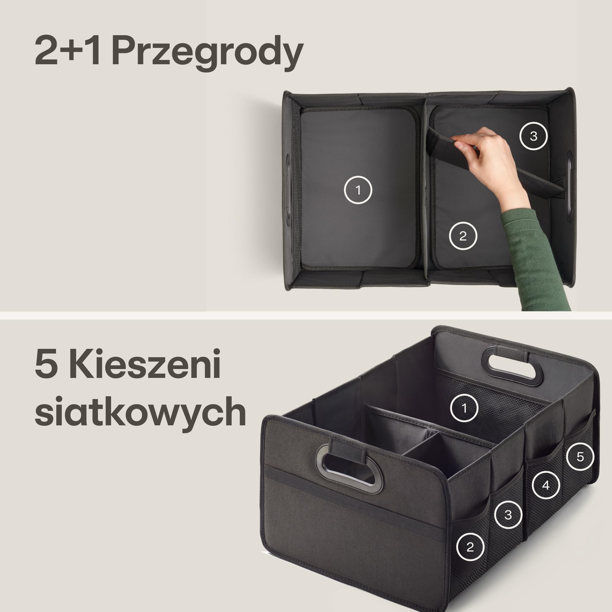 Praknu Organizer Bagażnika Składany XL – 3 Elastyczne Przedziały z 5 Kieszeniami – Antypoślizgowe Dno – Idealny Rozmiar do Organizacji Samochodu – Wytrzymały i Wodoodporny z Tkaniny Oxford