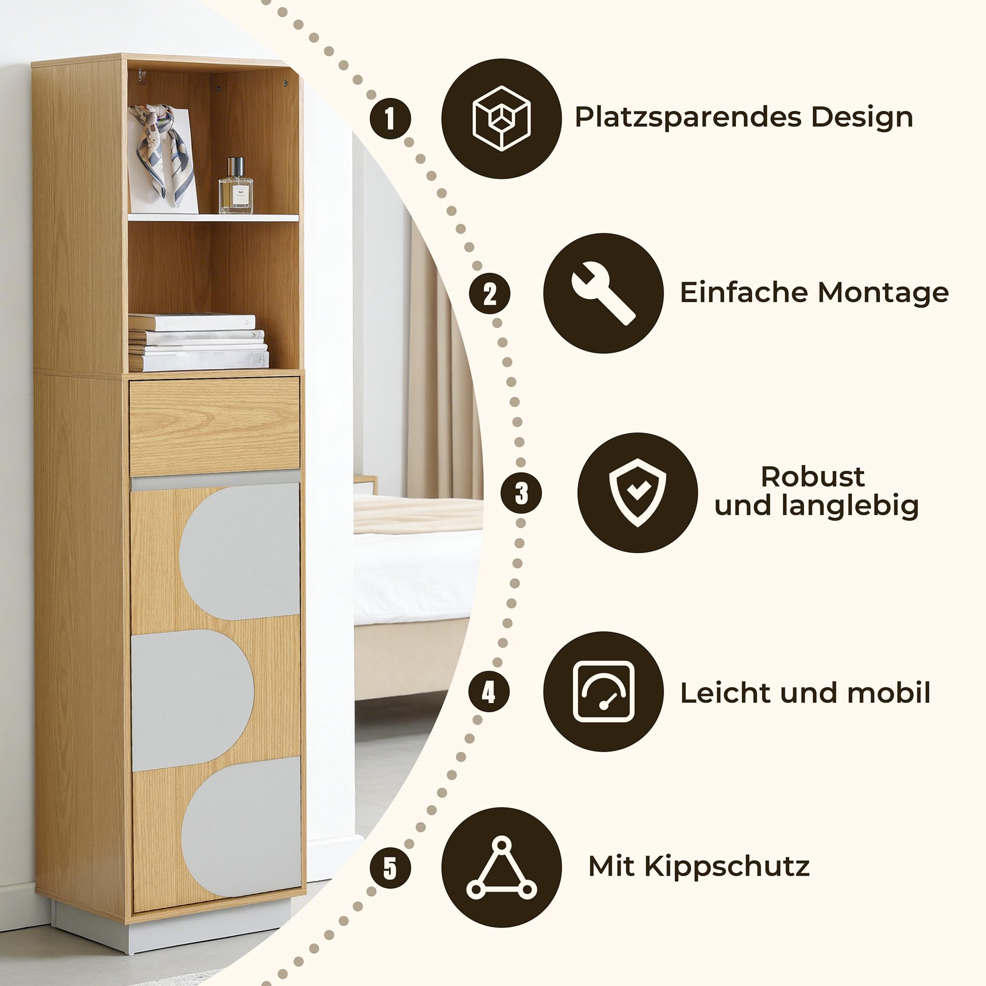 Hometopia Badezimmer Hochschrank Holz, 166 cm schmal mit Tür | 30x40 cm Grundfläche, 1 Schublade, verstellbare Böden unten, für kleine Bäder, freistehend, Eichenoptik, pflegeleicht