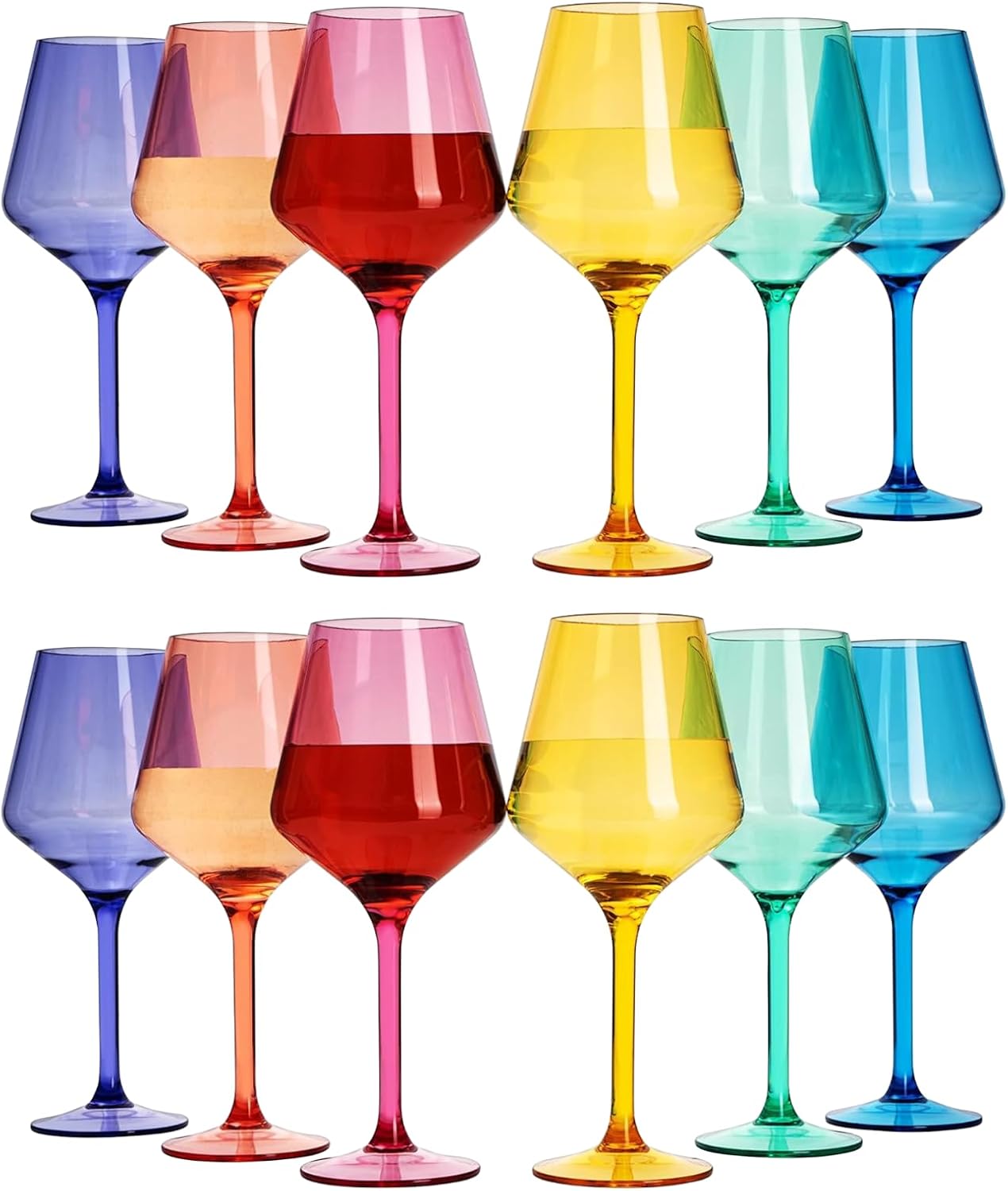 European Style Plastic Crystal Unbreakable Stemmed Wine Glasses | Set of 12 | Acrylic Glasses Tritan Bright Colors Shatterproof BPA-free, Outdoor, Pool, Indoor, Hand Wash 17oz Gift, Everyday & Holiday Wine Glasses 12